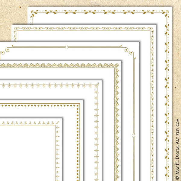 Gold Simple Page Borders Clipart, Certificat DIY 8x11 Invitations - Tourbillons Flourish Ornate Design, Cadres numériques minces Set De 7 Etsy 10861