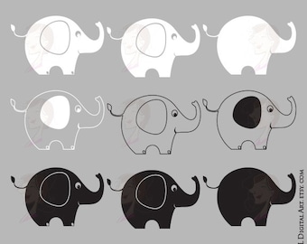 Elephant Digital Stamp - Animal Silhouette and Outline SVG Vector Clip Art great for Baby Shower, Crafts, Scrapbook - Commercial Use 10435