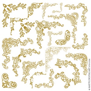Gouden traditionele rand hoekrand Victoriaanse decoratieve clipart - vintage paginahoek, sierlijke gebladerte antieke patroonontwerpen 10959