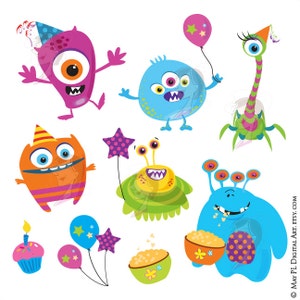 Cute Monster Clipart Kids Birthday Party Digital Little Monster Silly Funny DIY Invites Cards Vector Images Eps Png Jpeg Files 10200