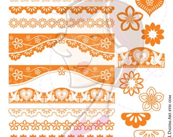 Orange Lace Border Flowers VECTOR Mothers Valentine Day Floral Clip Art Cinco de Mayo Papel Picado Festive Color Mexican Culture 10577