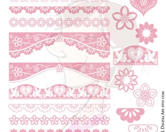 Papel Picado Blush Pink Borders Mexican Bridal Digital Clipart Heart Floral Flowers Scallop Lace Design Elements Scrapbooking Wedding 10226