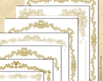 Antique Wedding Invites Designs, Heritage Gold Ornate Foliage Frame Clipart - Vintage Floral Page Borders for Certificates, Awards 10952