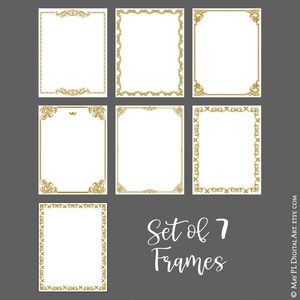 May include: Set of seven gold ornate frames with a white background. The frames are in different styles and sizes. The text "Set of 7 Frames" is written in a decorative font below the frames.