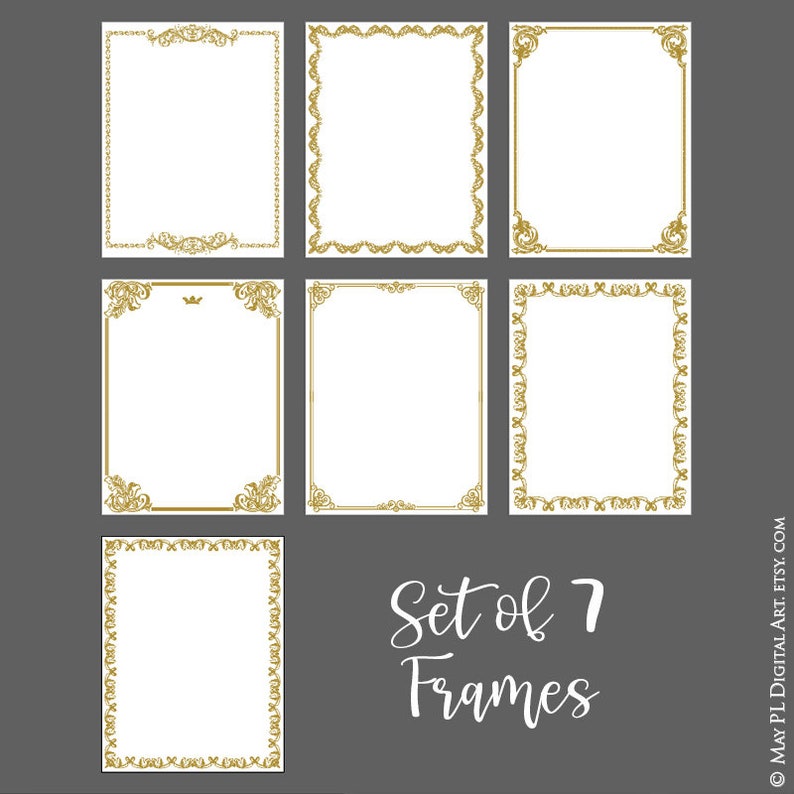 May include: Set of seven gold ornate frames with a white background. The frames are in different styles and sizes. The text "Set of 7 Frames" is written in a decorative font below the frames.