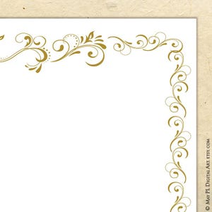 May include: A white background with a gold decorative border. The border is made up of swirls and flourishes.