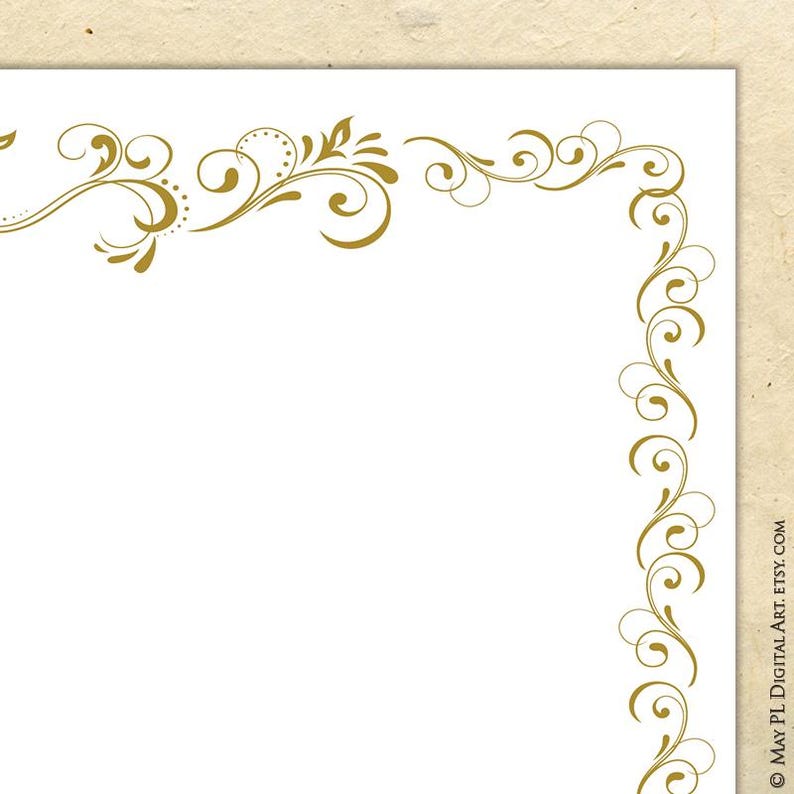 May include: A white background with a gold decorative border. The border is made up of swirls and flourishes.