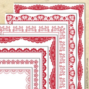 May include: Set of five red and white printable digital paper borders with various designs, including hearts, doves, and floral patterns.