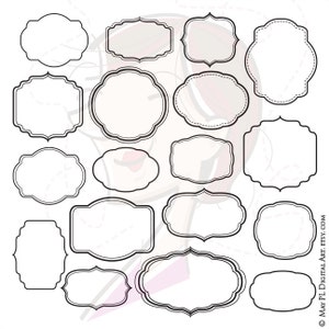 May include: A set of 15 black and white printable frame outlines. The frames are various shapes and sizes, with some having a double border.