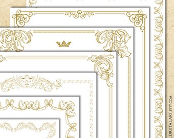 Gold Border Frames, Certificate Digital Clip Art - Vintage Flourish, Baroque Acanthus, Commercial Use Graphics Set Of 7 10888