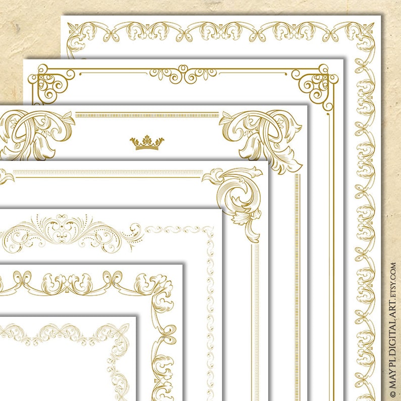 May include: Five different sized gold ornate frames with a crown in the center of the largest frame.
