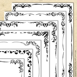 May include: Five black and white decorative frames with ornate floral designs. The frames are layered on top of each other, with the largest frame at the bottom and the smallest frame at the top.