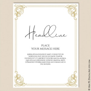 May include: A printable template with a gold ornate frame and a black headline that says "Headline". The text below the headline says "Place Your Message Here" and includes a sample paragraph of text.