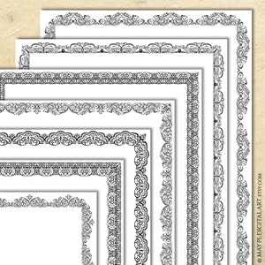 Schwarze Seitenränder Vintage Clip Art - Spitze Antike Barocke Digitale Rahmen, 8x11 Dokument Dekoration, DIY Zertifikat Award Hochzeit 10986