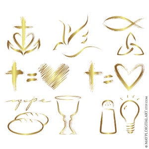 Kirchen Clipart mit christlichen Symbolen - Kreuz entspricht Liebe, Heiliger Geist, Fisch, Salz und Licht, Glaube, Hoffnung, Liebe, Kommunion 11091