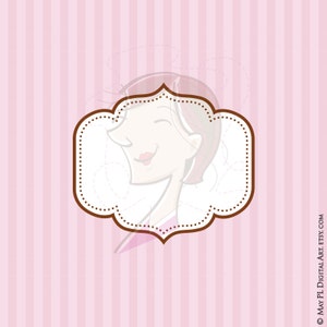 May include: A brown decorative frame with a pink and white striped background. Inside the frame is a cartoon illustration of a woman with brown hair, smiling.