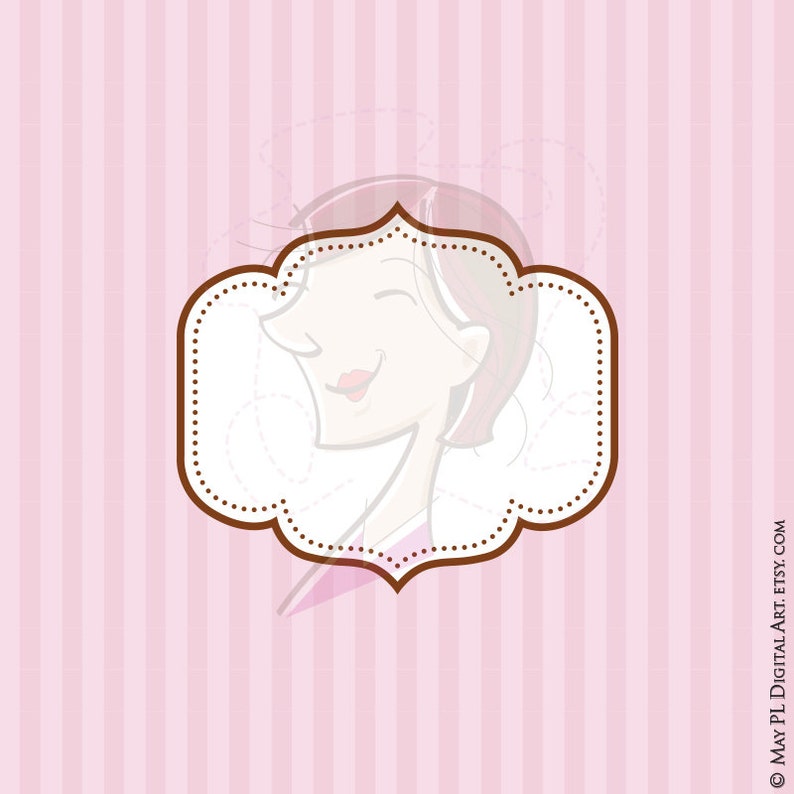 May include: A brown decorative frame with a pink and white striped background. Inside the frame is a cartoon illustration of a woman with brown hair, smiling.