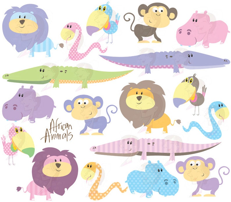 African Animals Clipart Safari Animals Pastel Clip Art great for DIY Baby Shower Crocodile, Monkey, Hippo, Snake, Lion, Toucan 10487 image 1