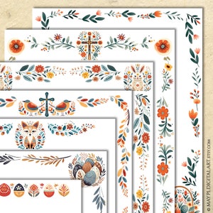 Image clipart bordures de page de Pâques - bordure numérique scandinave d'art populaire, décoration de document graphique coloré 11010