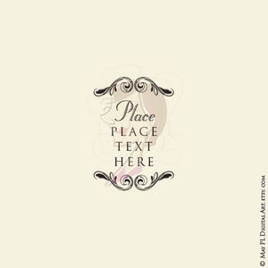 May include: Cream-colored digital art with a decorative frame and the words "Place Text Here." The frame has ornate black scrollwork at the top and bottom. A pink and beige design is visible behind the text.