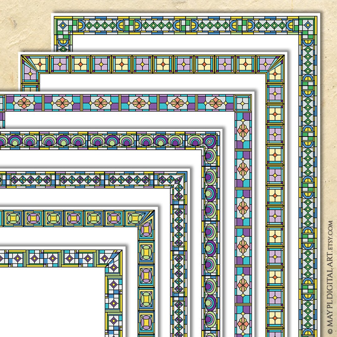 Stained Glass Page Borders, Colorful Geometric Clip Art Set Invitations