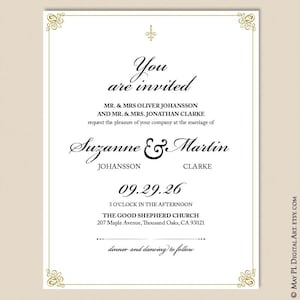 May include: A wedding invitation with gold accents and black text. The invitation reads "You are invited" and includes the names Suzanne and Martin, the date 09.29.26, and the location of the wedding ceremony: The Good Shepherd Church, 207 Maple Avenue, Thousand Oaks, CA 93021. The invitation also states that dinner and dancing will follow the ceremony.