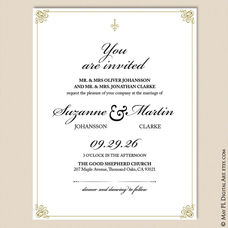 May include: A wedding invitation with gold accents and black text. The invitation reads "You are invited" and includes the names Suzanne and Martin, the date 09.29.26, and the location of the wedding ceremony: The Good Shepherd Church, 207 Maple Avenue, Thousand Oaks, CA 93021. The invitation also states that dinner and dancing will follow the ceremony.