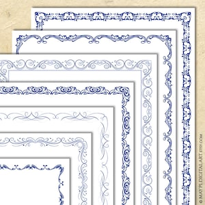 Blaue Vintage Seitenrand Grafik für Urkunden, Hochzeitseinladungen - Dekorative Swirls Flourish 8x11 Frames Clipart, Kommerzielle Nutzung 10941