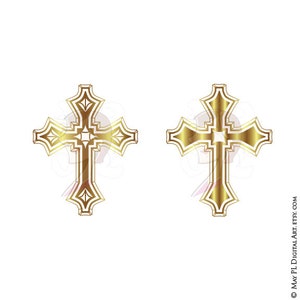May include: Two gold crosses with intricate designs. The crosses are symmetrical and have a diamond shape in the center.