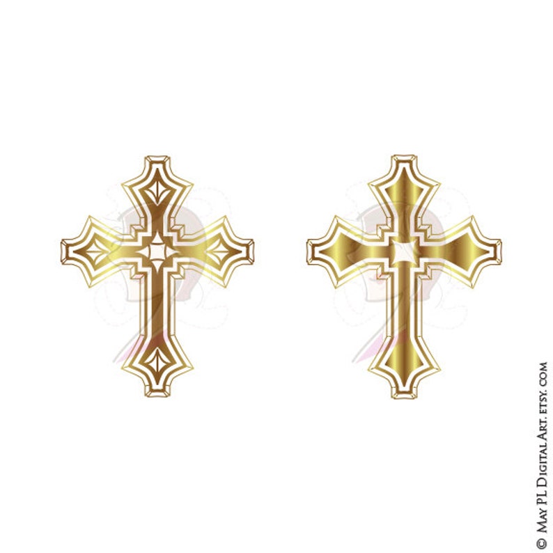 May include: Two gold crosses with intricate designs. The crosses are symmetrical and have a diamond shape in the center.