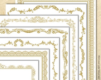 Fancy Page Border Classic Frames, Gold Foliage Floral Clip Art - Certificate Award, Wedding Invite, Document Designs, Commercial Use 10994
