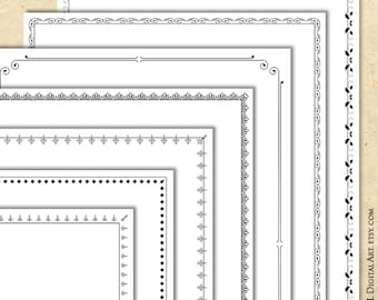 Thin Black Page Borders Simple Clip Art Set Of 7 - DIY Certificate Award Diploma 8x11 Digital Frames, Swirls Flourish Ornate Design 10859