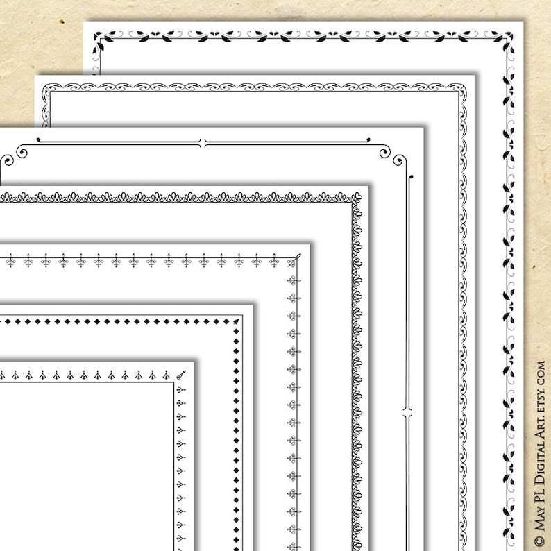 Thin Black Page Borders Simple Clip Art Set Of 7 DIY Certificate Award Diploma 8x11 Digital Frames, Swirls Flourish Ornate Design 10859 image 1