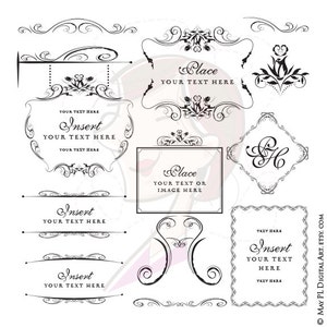 Hanging Sign Clipart Retro Frame DIY Wedding Signage Stand Floral Monogram Clip Art Digital Download Flourish Swirls VECTOR Images 10613