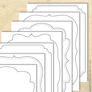 Puede incluir: Conjunto de cinco marcos en blanco imprimibles con un borde decorativo festoneado. Los marcos están anidados uno dentro del otro, con el marco más grande en la parte superior y el marco más pequeño en la parte inferior.