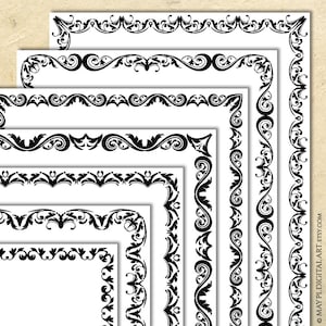 Schwarzer Vintage Schnörkel Clipart - Dokument Design, Hochzeitseinladung, Zertifikat Digitaler Rahmen Grafiken 10999