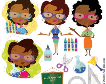 May include: Clip art set of four cartoon teachers with different colored glasses, a chalkboard, scissors, glue, crayons, a bell, a protractor, and a beaker. The chalkboard says "Place your text here!"