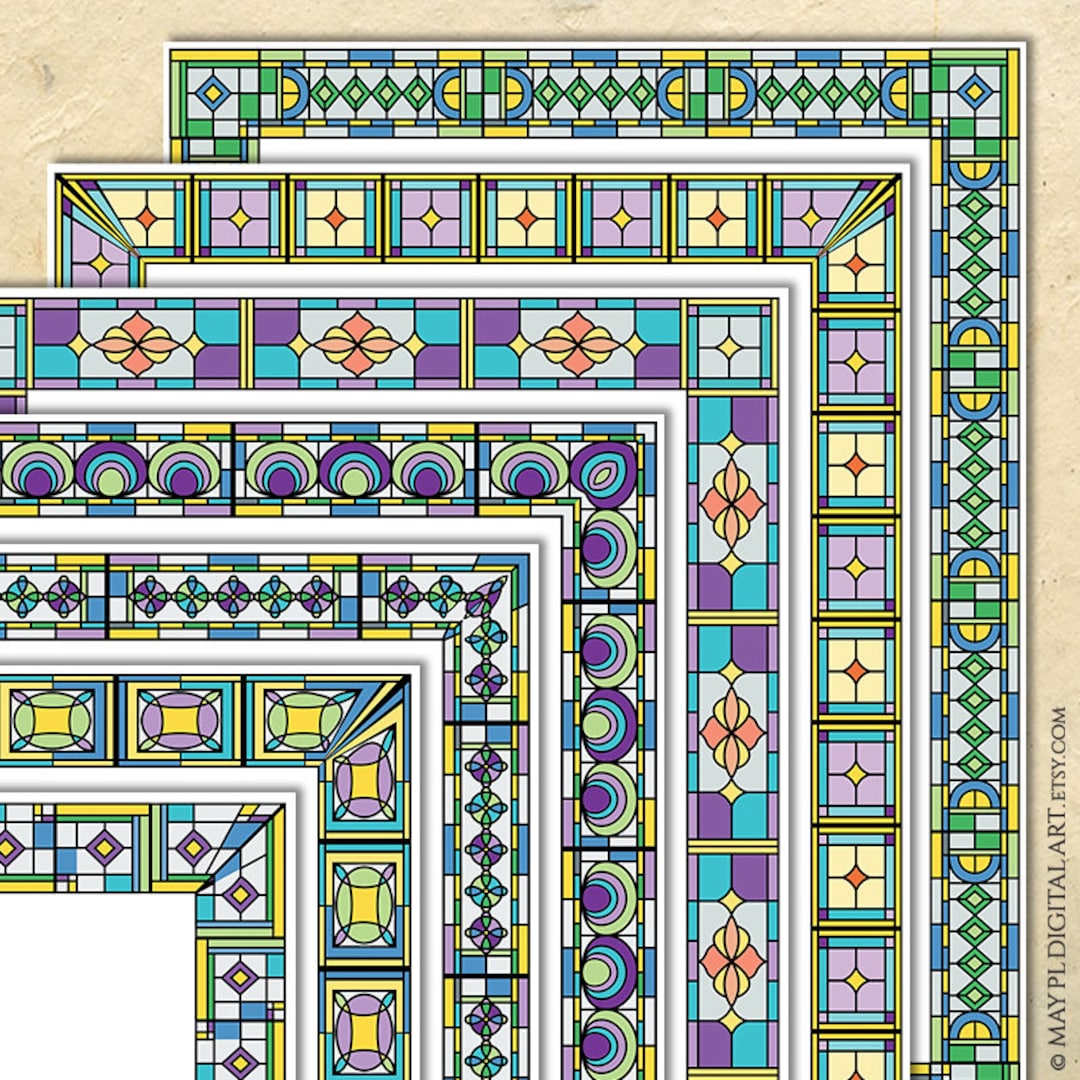 Clip Art Page Borders Stained Glass Geometric Pattern Set Etsy