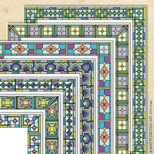 Clip Art Seitenränder, Buntglas Geometrische Muster Set - 8x11 Dokument, Einladung, Zertifikat Bunte Digitale Rahmen 10973