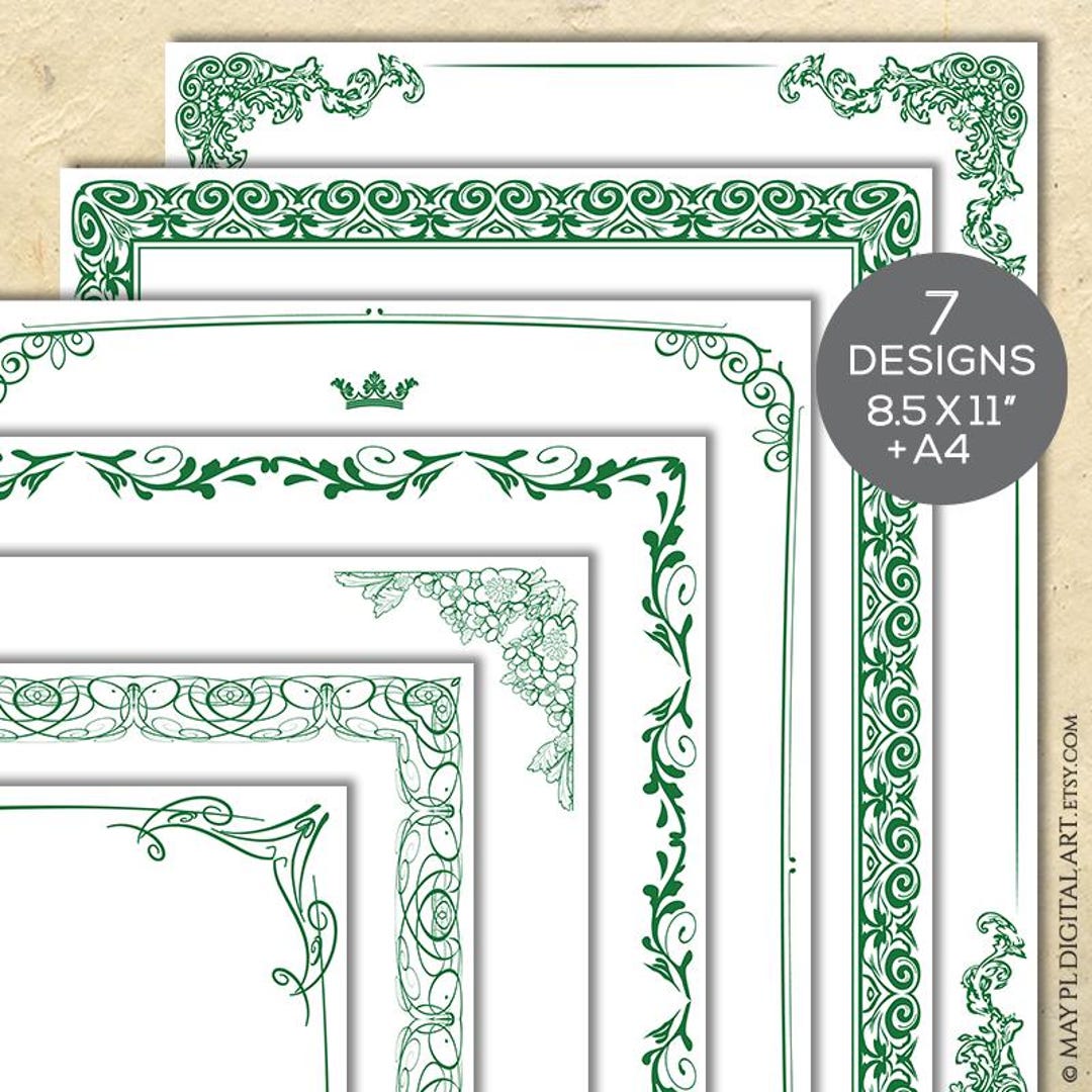 Borders Set A4 8x11 Green Clipart - Page Document Frames Classic