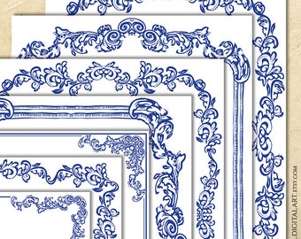 Classic Victorian Borders, Blue Vintage Ornate Page Borders Wedding and Certificate Clipart - Elegant Decorative Digital Frame Design 11021
