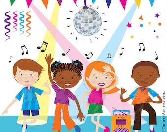 May include: Four children dance at a party with a disco ball hanging above them. The children are wearing colorful clothing and are smiling. There is a boombox playing music and colorful streamers hanging from the ceiling.