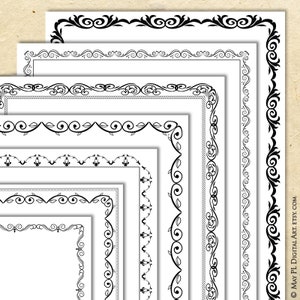 Botanische Wirbel Digitale Ränder, Kalligraphie Clip Art - Schwarzer Seitendekor Vintage 8x11 Rahmen für DIY-Zertifikat, Diplom, Award 10848