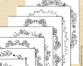 May include: A set of eight black and white printable floral wreaths. The wreaths are made of simple line drawings of flowers and leaves.