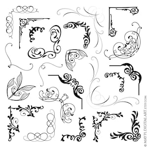 Frame Corners Border Clipart - Swirls Flourish Hand Drawn Collection, Vintage Ornate Page Corners, Jpeg Png Files, Antique Calligraphy 10850