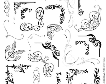 Imágenes prediseñadas de bordes de esquinas de marcos: colección de remolinos dibujados a mano, esquinas de página ornamentadas vintage, archivos JPEG y PNG, caligrafía antigua 10850