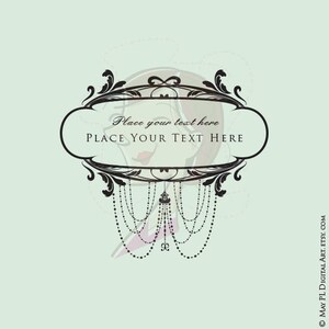 May include: An ornate black and white oval frame with the text "Place your text here" and "PLACE YOUR TEXT HERE". The frame has decorative floral elements and hanging beaded strands. A woman's face is subtly visible in the background.