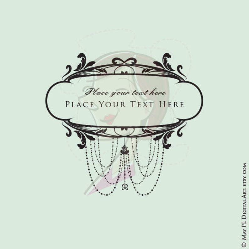 May include: An ornate black and white oval frame with the text "Place your text here" and "PLACE YOUR TEXT HERE". The frame has decorative floral elements and hanging beaded strands. A woman's face is subtly visible in the background.