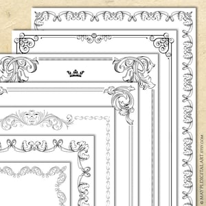Black Border Frames Digital Vintage Document Clip Art - Baroque Acanthus Flourish Antique Graphics Set Of 7 Commercial Use 10887