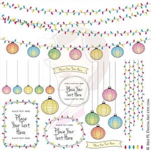May include: A set of digital clipart featuring colorful string lights and paper lanterns. The lanterns are in various colors, including pink, blue, green, and yellow. The string lights are in red, yellow, green, and blue. The clipart is perfect for adding a festive touch to your digital projects.